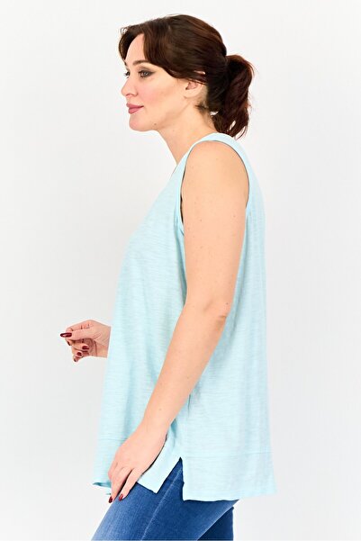 LANDS' END Women Round Neck Sleeveless Solid Tank Top, Ice Blue