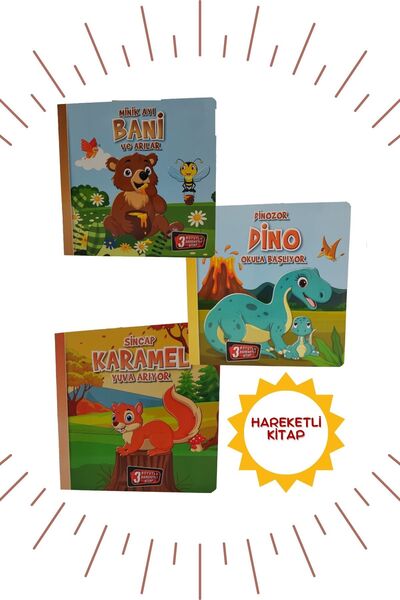 Kids Babies Hareketli Kitaplar-3lü "Minik Ayı BANİ & Dinozor DİNO & Sincap KA...