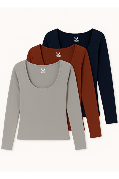 Rich Women's Grey-Burgundy-Navy Blue 3-Pack U Neck Long Sleeve Blouse