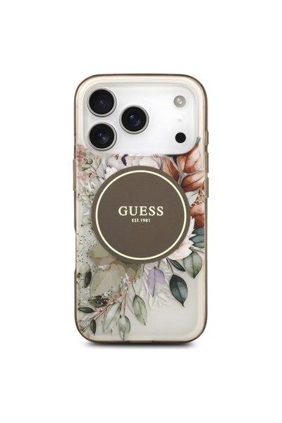 Guess Θήκη για iPhone 17 Pro, IML Flowers με λουράκι Pearl Strip MagSafe, - Καφέ