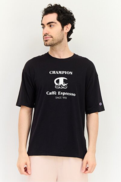 Champion قميص رياضي رجالي بكم قصير وشعار العلامة التجارية، أسود