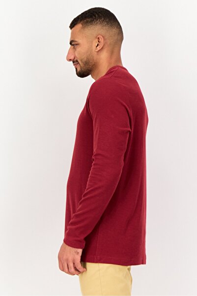 CELIO Men Crew Neck Long Sleeve Plain T-Shirt, Maroon