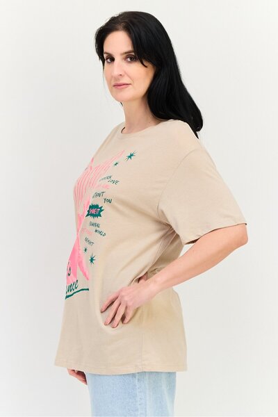 Bowie Women Crew Neck Short Sleeve Graphic Print T Shirt, Tan