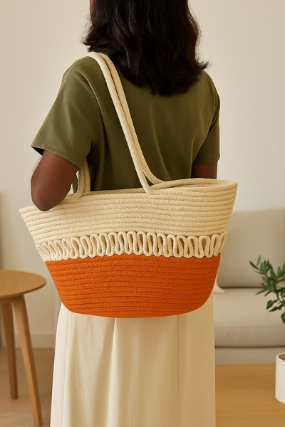 MaVaux В'язка з мотузки, екологічна, стильна, двоколірна, велика пляжна сумка, жіноча сумка через плече