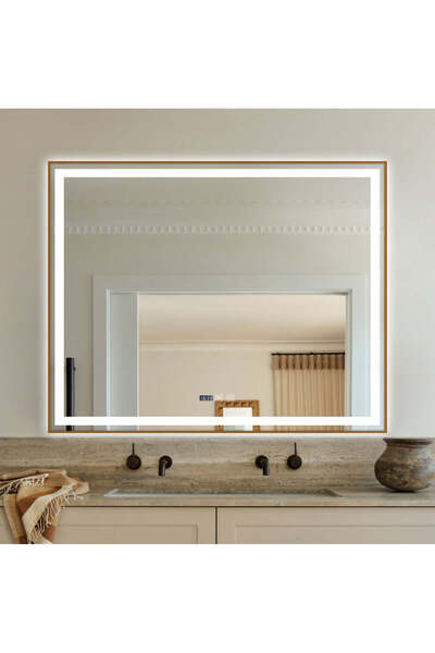 Smack Oglindă LED și tactilă, cu funcție de dezaburire și ceas, ramă aurie, 1...