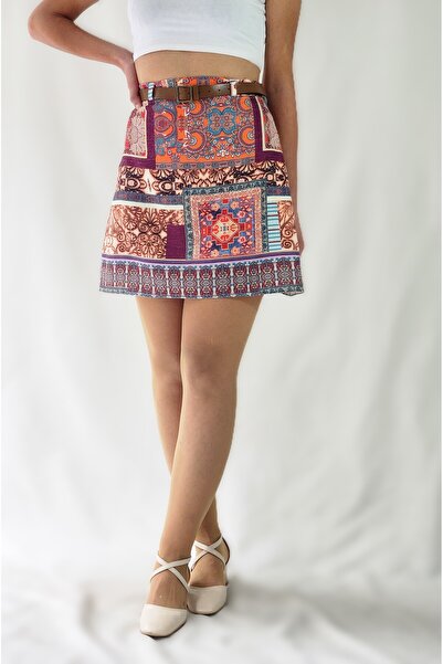 YAXİ FUSTĂ MINI CU TĂLĂTĂ ÎN FORMĂ DE CĂPĂTĂ, CU MODEL ETNIC, TĂLĂTĂ ÎNȚĂRĂTĂ, CU BELTĂ