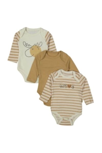 Necix's 3-Piece Baby Boy Long Sleeve Cotton Bodysuit Set – Beige & Striped Pattern
