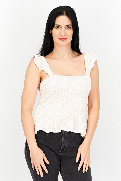 Forever 21 Women Plus Size Square Neck Ruffle Sleeves Floral Top, White Combo