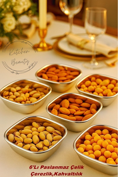 Kitchen Beauty 6 Adet Paslanmaz Çelik Çerezlik Seti Dekoratif Şık Kahvaltılık Servis Sunum Kasesi Sosluk Reçellik