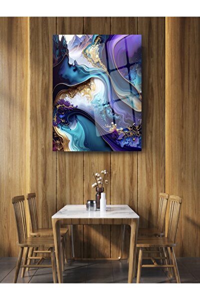 Glit Glass Mor Turkuaz Akrilik Akışkan Sanatı Altın Detaylı Temperli Cam Tabl...