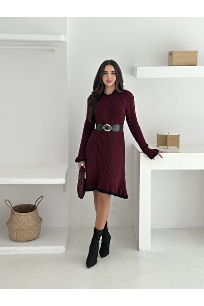 b buhari bykoc Belted Ribbed Crew Neck Knit Dress