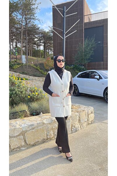 demet's collection Meli̇sa Angora Buttoned Vest with Hat and Pockets