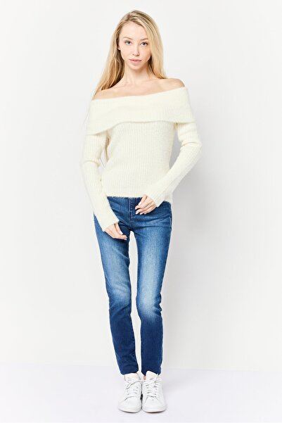PİNK ROSE Women Off-Shoulder Knitted Sweater, White
