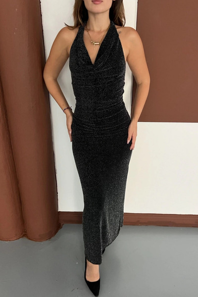 Sorridi Degaje Yaka Boyundan Bağlamalı Simli Uzun Siyah Elbise