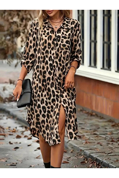 Genel Markalar Kadın Uzun Kollu Yakalı önden Düğmeli Leopar Desenli Modal Mid...