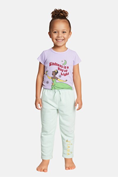 DİSNEY PRİNCESS طقم بيجامة بناتي مكون من قطعتين، تي شيرت وبنطال بأكمام قصيرة، متعدد الألوان