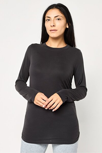 Dkny Women Sportswear Fit Long Sleeve Outdoor Ruched T-Shirt, Dark Grey