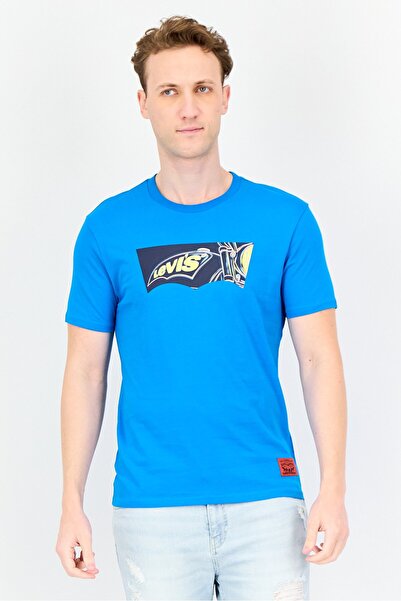 Levi's تي شيرت رجالي بشعار العلامة التجارية بأكمام قصيرة ورقبة دائرية، أزرق