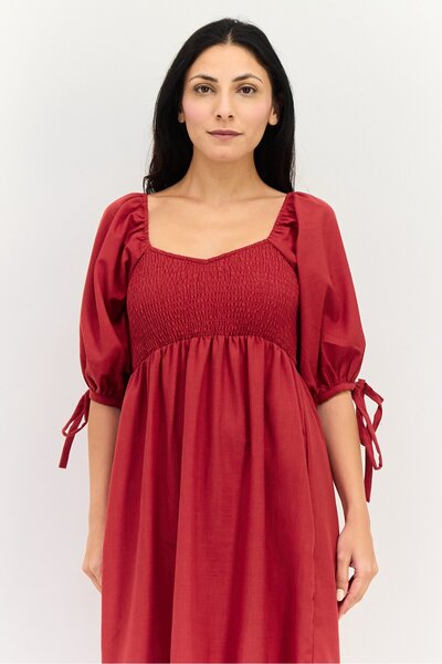 Brave Soul Women Shirred Midi Dress, Red