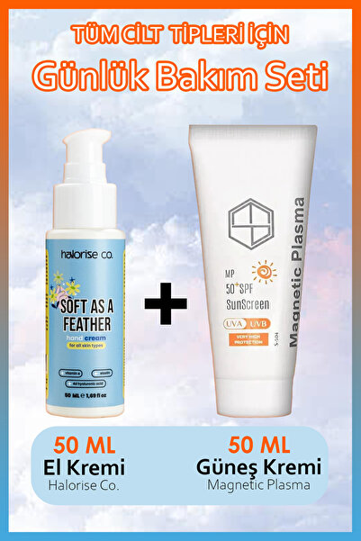 MAGNETİC PLASMA Tüm Cilt Tipleri için 50spf Güneş Kremi ve Halorise Co. El Kremi Cilt Bakım Seti