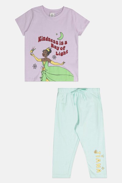 DİSNEY PRİNCESS طقم ملابس بناتي صغيرات مكون من قطعتين، تي شيرت وبنطال بطبعة جرافيكية وأكمام قصيرة، متعدد الألوان