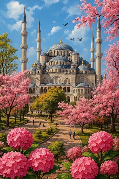 Dialands Mozaik Pembe Çiçekler Arasında Sultanahmet Camii 50X75CM