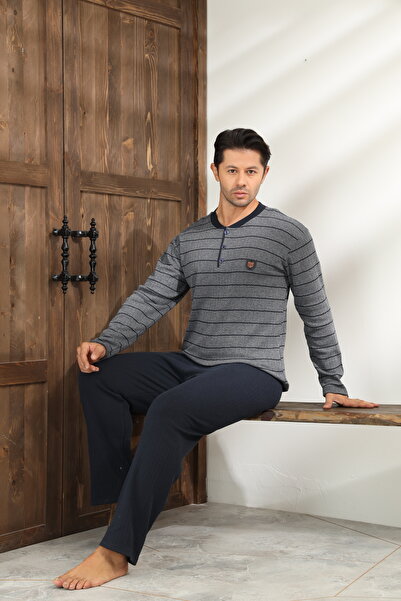 CALİA Winter Men's Interlock Collar Buttoned Long Sleeve Pajama Set