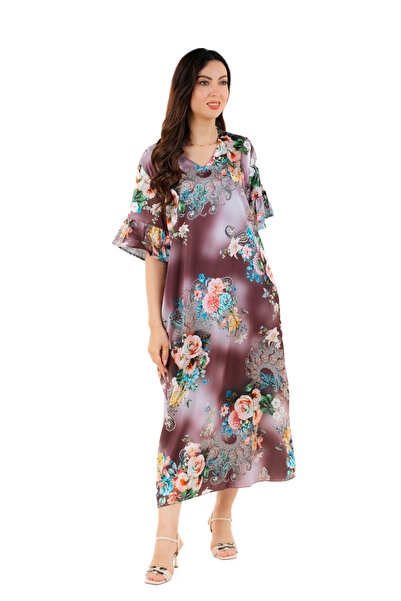 amaan Women's modern Floral Print Satin Jalabiya Dress, V-Neck, Flutter Sleeves, Midi Length