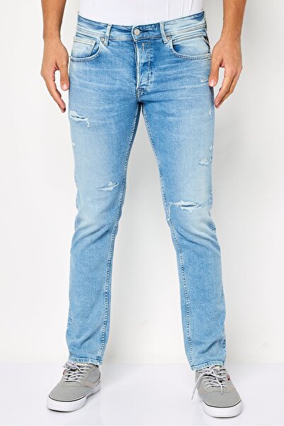 Replay Men Straight Fit Distressed Stretchable Jeans, Blue