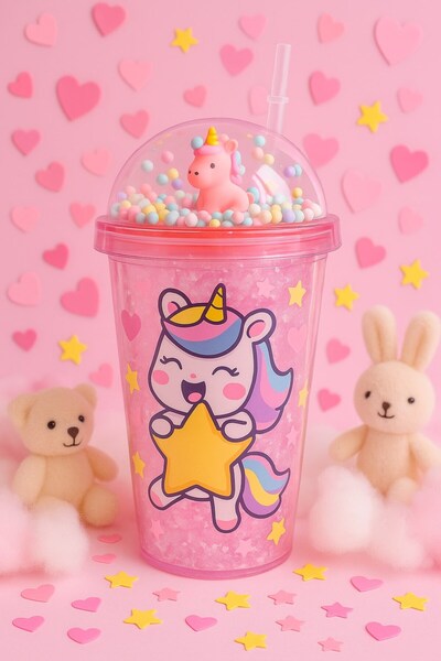 Deco Elit Unicorn Temalı Suluk Pipetli Buzlu Cam Görünümlü 450 ML Çift Katman Mika Su Şişesi 2646 Pembe