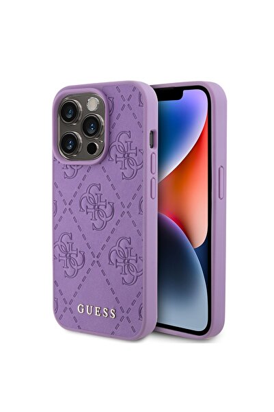 Guess Husă pentru iPhone 15 Pro Max, cu șnur, piele ștanțată 4G, - mov