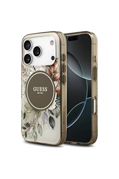 Guess Θήκη για iPhone 17 Pro, IML Flowers με λουράκι Pearl Strip MagSafe, - Καφέ
