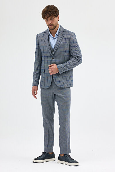 Frappoli Pakito Light Navy Blue Plaid Patterned Mono Collar Slim Fit Double Slit Lined Suit