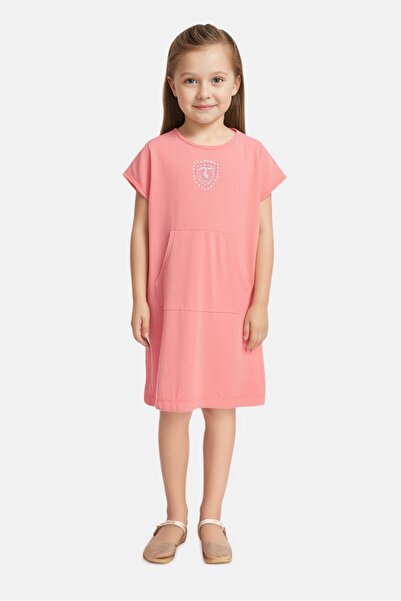 Ferrari فستان بناتي للأطفال برقبة دائرية وأكمام قصيرة وشعار العلامة التجارية، لون خوخي غامق