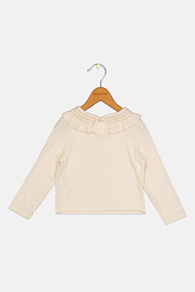 Gingersnaps Toddlers Girl Crew Neck Long Sleeves Ribbed Top, Beige