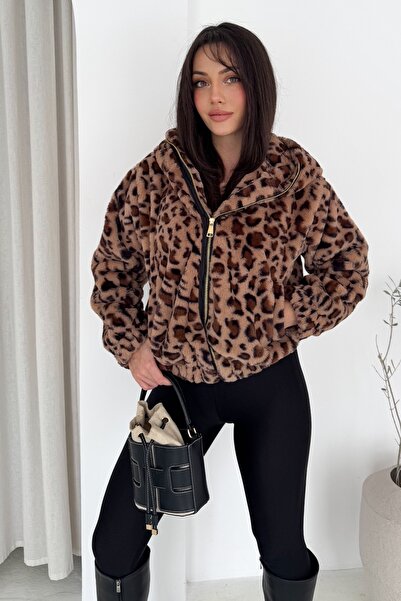 FEMELLE Leopard Zippered Hooded Lined Plush Fur Coat