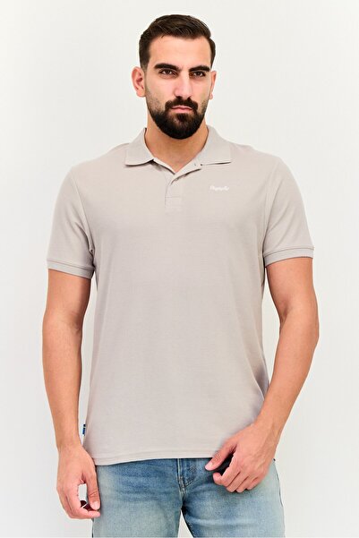 Algspar Men Regular Fit Embroidered Logo Short Sleeve Polo Shirt, Taupe