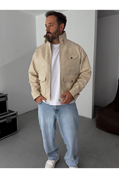 BYBASICMAN Δερμάτινο παλτό μπεζ με διπλή τσέπη EP-7301