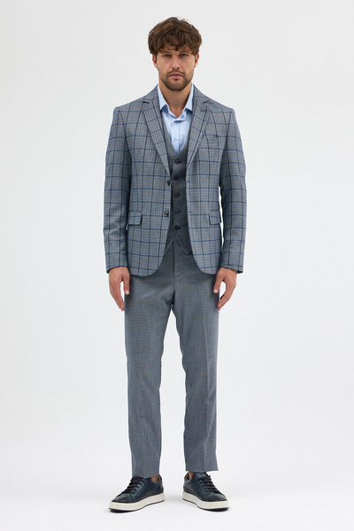 Frappoli Pakito Light Navy Blue Plaid Patterned Mono Collar Slim Fit Double Slit Lined Suit