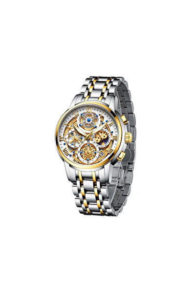 Lige Ceas bărbătesc argintiu auriu cu afișaj dată analogic cu cuarț