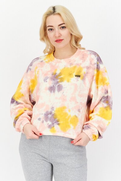 Vans Women Crew Neck Long Sleeve Tie Dye Cropped Sweatshirt, Pink Combo