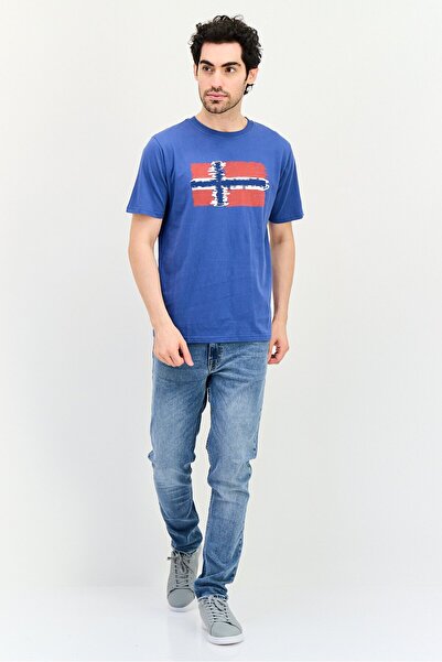 NORTHLAND Men Ribbed Collar Short Sleeve Graphic Print T-Shirt, Dark Blue