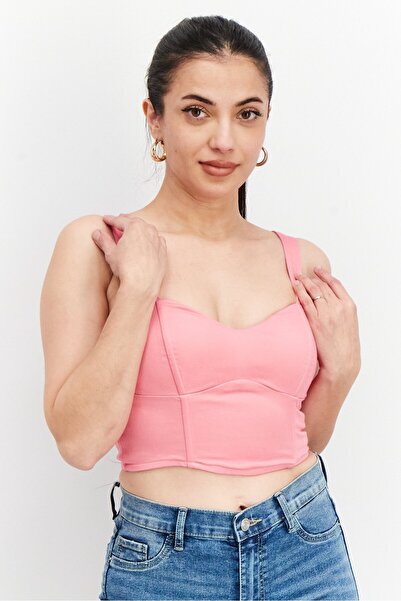 MOHITO Women Padded Sweetheart Neckline Sleeveless Crop Top, Pink