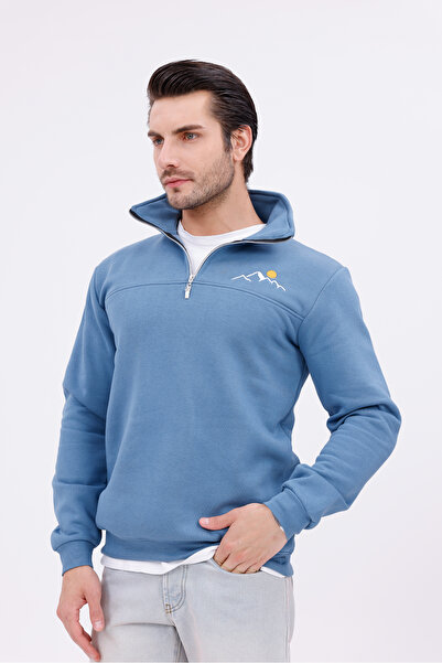 steeprockt Erkek Yarım Fermuarlı Rahat Kesim Relax 3 İplik İçi Polarlı Pamuklu Dik Yaka Mavi Sweatshirt