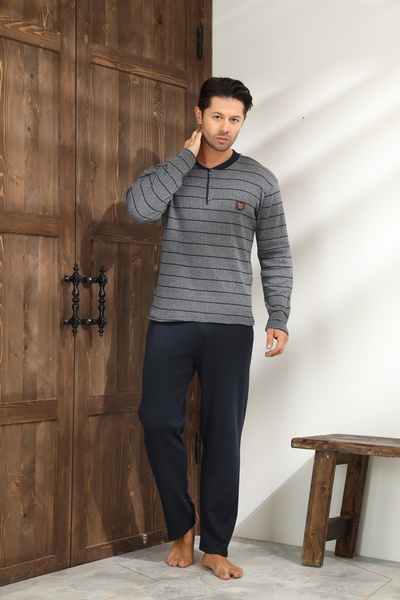 CALİA Winter Men's Interlock Collar Buttoned Long Sleeve Pajama Set