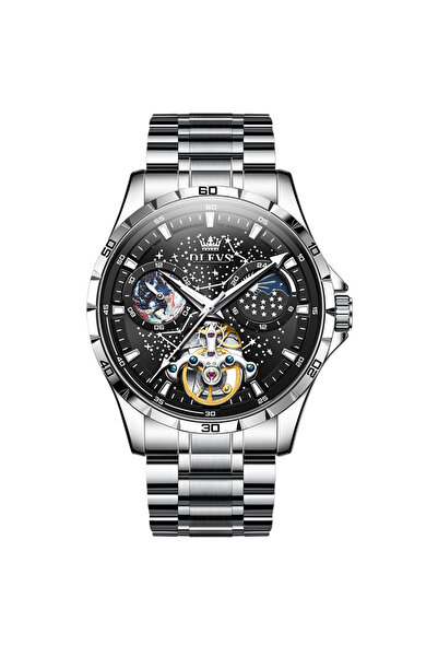 OLEVS Ceas bărbătesc analogic mecanic automat, curea din oțel, argintiu, indici luminosi