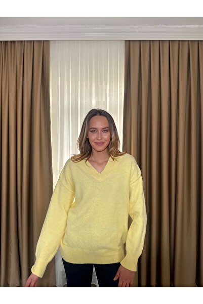 Limon Sarı Butter Yellow Bisiklet Yaka Oversize Triko Kazak