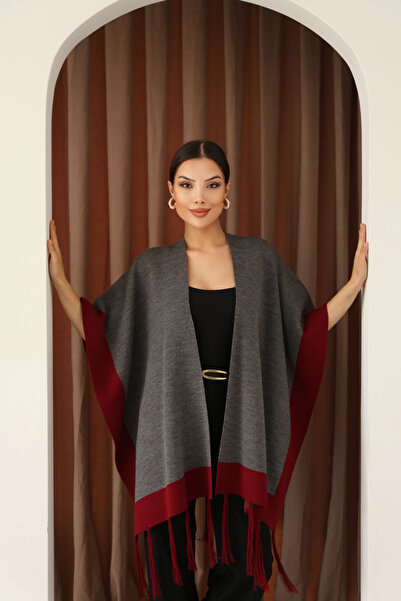 bacc Women's Anthracite Tasseled Color Block Winter Knitwear Shawl Bces-253005
