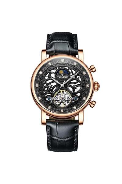 Tevise Ceas mecanic schelet pentru bărbați, elegant, la modă, cu vânt automat, de lux, negru