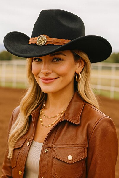 FELLMENS قبعة كاوبوي نسائية سوداء مع تفاصيل إكسسوارات